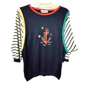 Vintage Peter Popovitch Nautical Anchor Top Striped Sleeves Colorblock Shirt